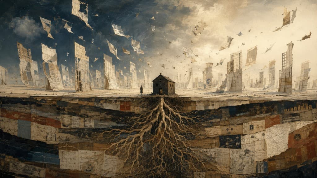 A sturdy house with deep roots underground, while fragile frames blow away above the surface